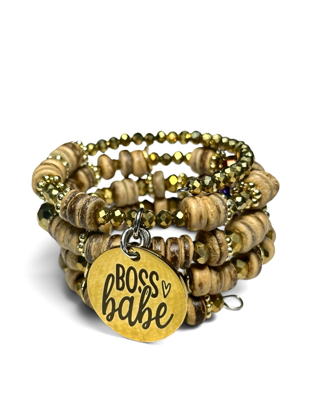 Handcrafted Wood & Gold Memory Wire Wrap Bracelet Boss Babe Charm - Picture 7 of 8